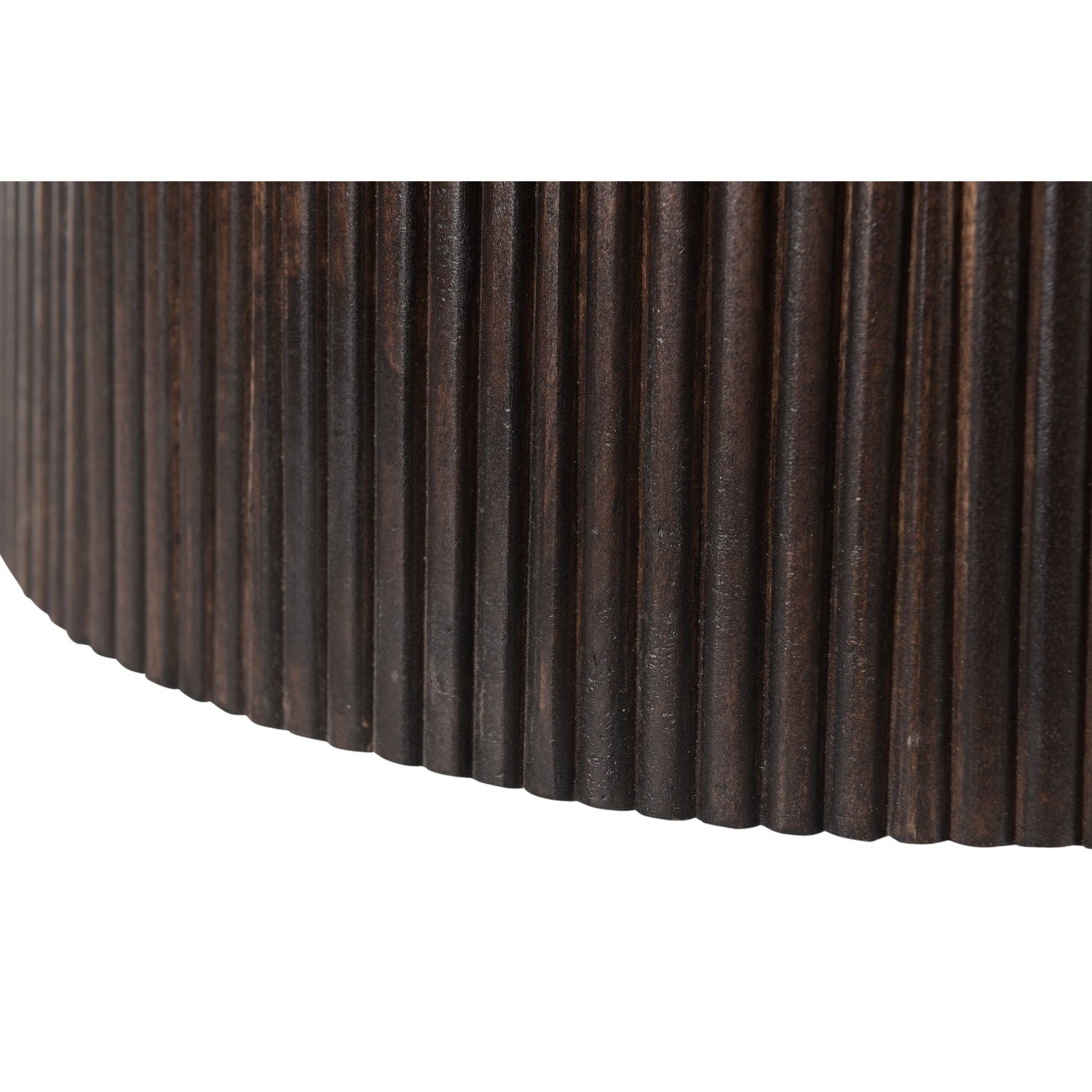 Close-up van de geribbelde tafelvoet in donker mangohout Walnut