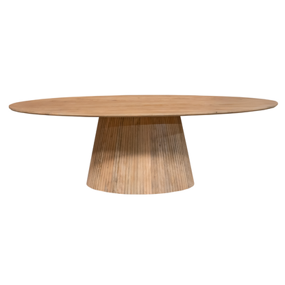De afgeronde kop van de ovale Solana eettafel van 240 cm in naturel mangohout