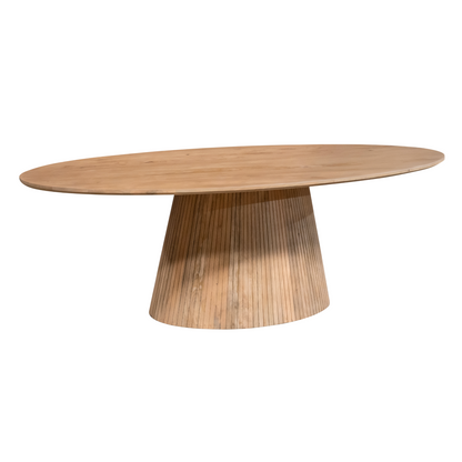 Schuin vooraanzicht van de ovale mangohouten Solana eettafel op 76 cm hoogte
