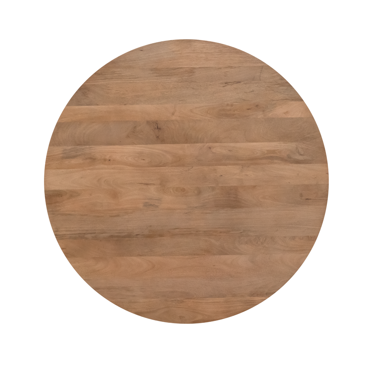 Bovenaanzicht van het ronde naturel mangohouten blad van de Solana eettafel