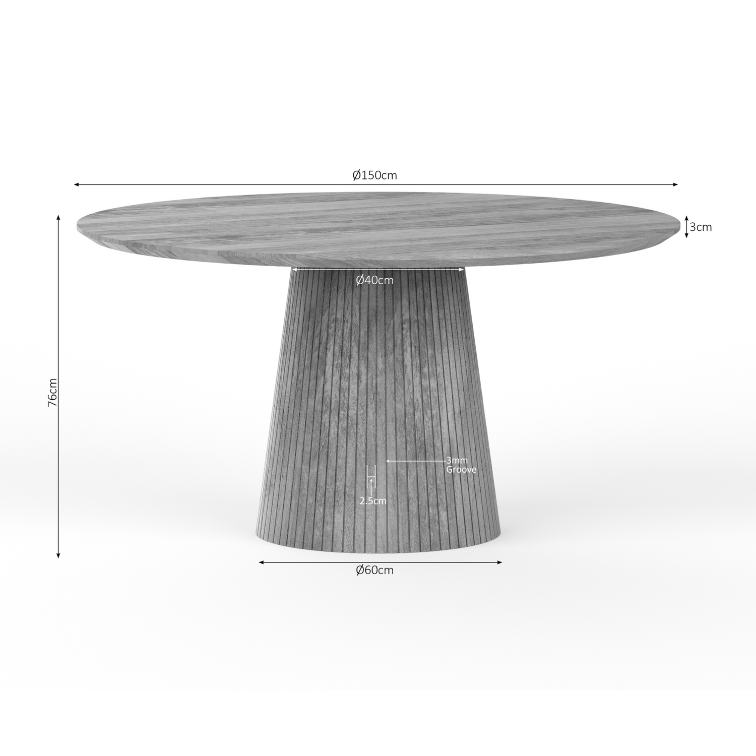 Schuin vooraanzicht van de ronde mangohouten Solana eettafel op 76 cm hoogte