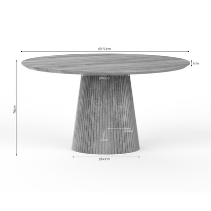 Schuin vooraanzicht van de ronde mangohouten Solana eettafel op 76 cm hoogte