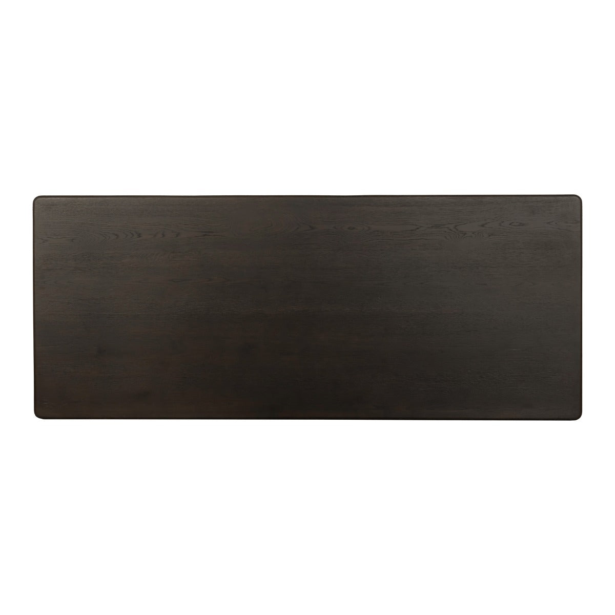 Bovenaanzicht van het donkere eiken tafelblad van de Tobago eettafel in espresso