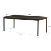 Maatschets van de Tobago eettafel met afmetingen 220 bij 90 bij 76 cm
