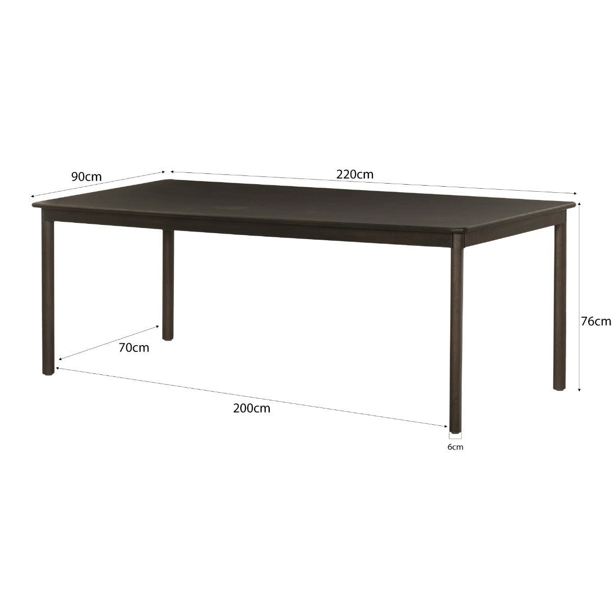 Maatschets van de Tobago eettafel met afmetingen 220 bij 90 bij 76 cm