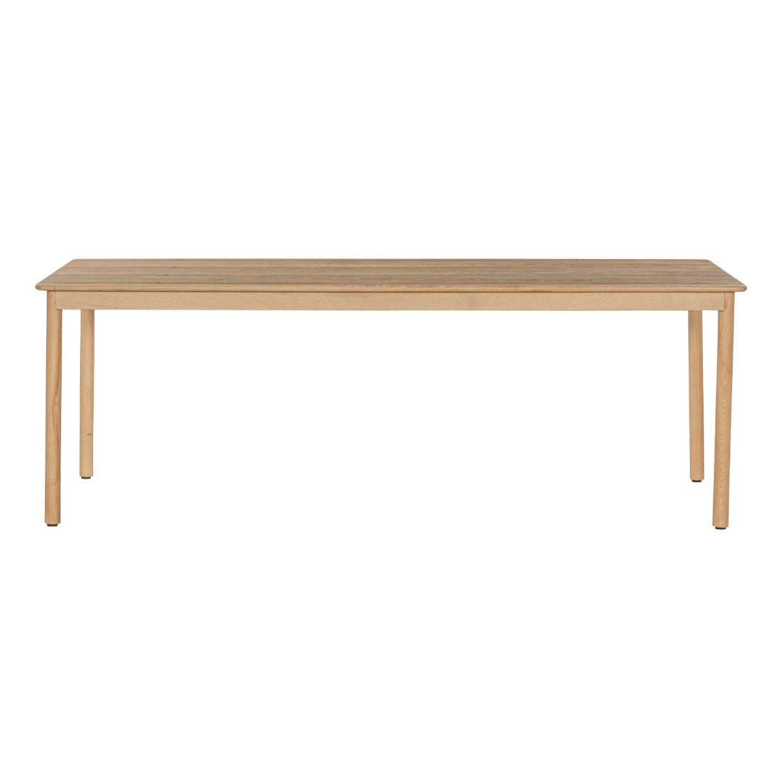 Vooraanzicht van de Tobago eettafel in naturel eiken met slanke ronde poten