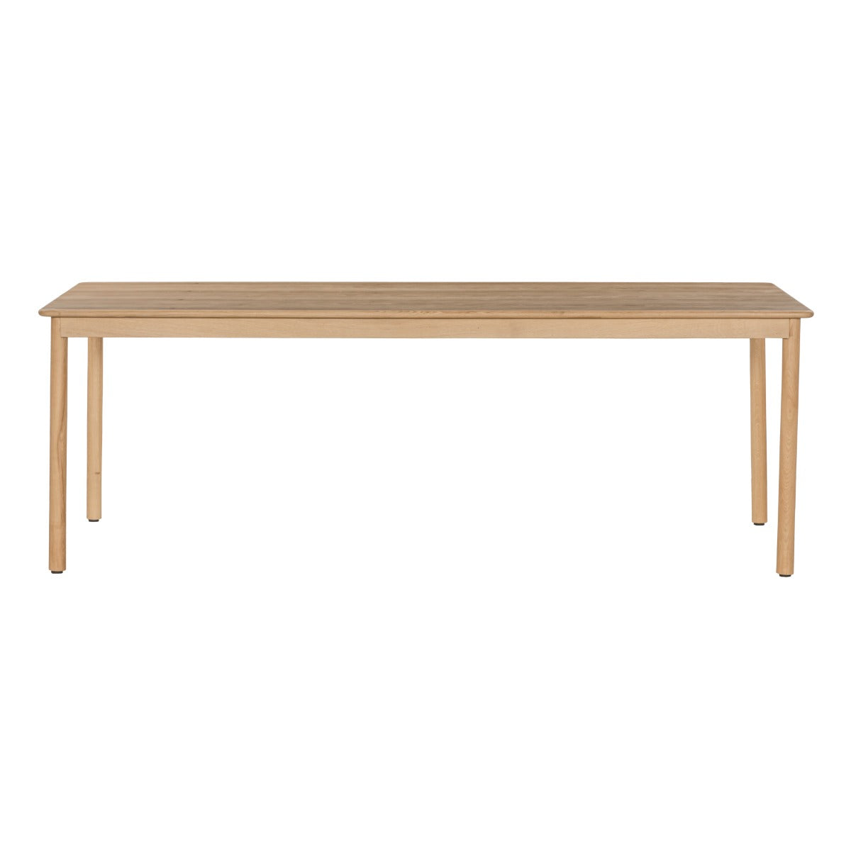 Vooraanzicht van de Tobago eettafel in naturel eiken met slanke ronde poten