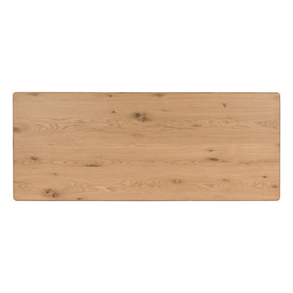 Bovenaanzicht van het naturel eiken tafelblad van de Tobago eettafel met zichtbare nerf