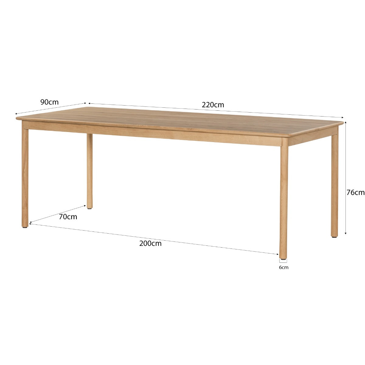 Maatschets van de Tobago eettafel met afmetingen 220 bij 90 bij 76 cm