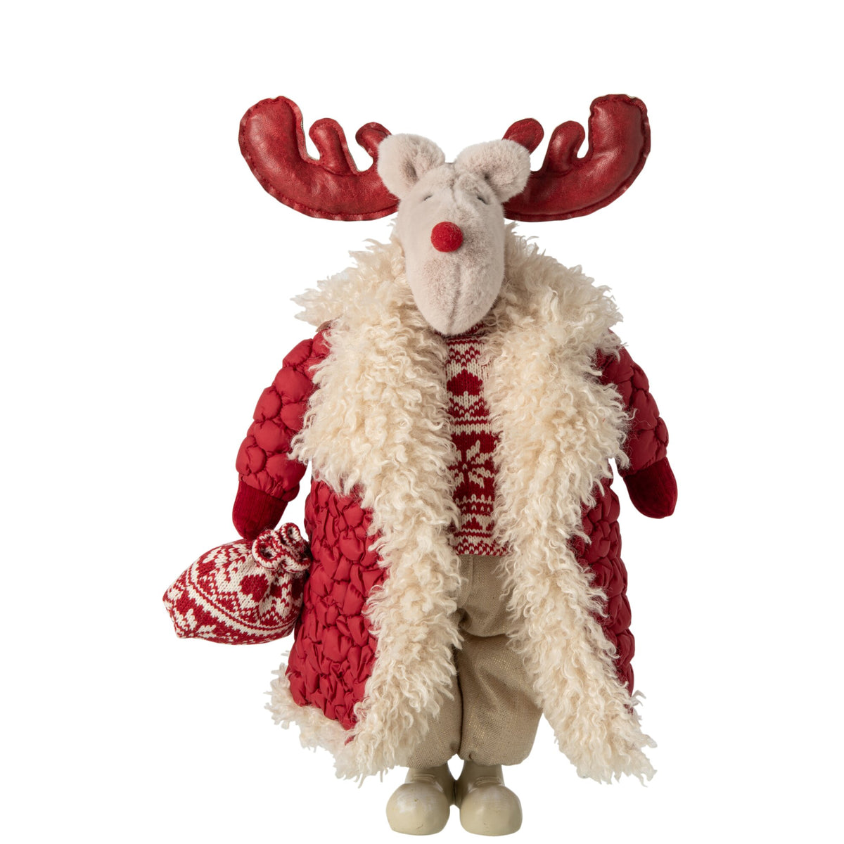 Eland Met Jas van J-Line, staand decoratiebeeld met kerstrode jas en beige vacht, 48cm hoog