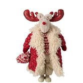 Eland Met Jas van J-Line, staand decoratiebeeld met kerstrode jas en beige vacht, 48cm hoog
