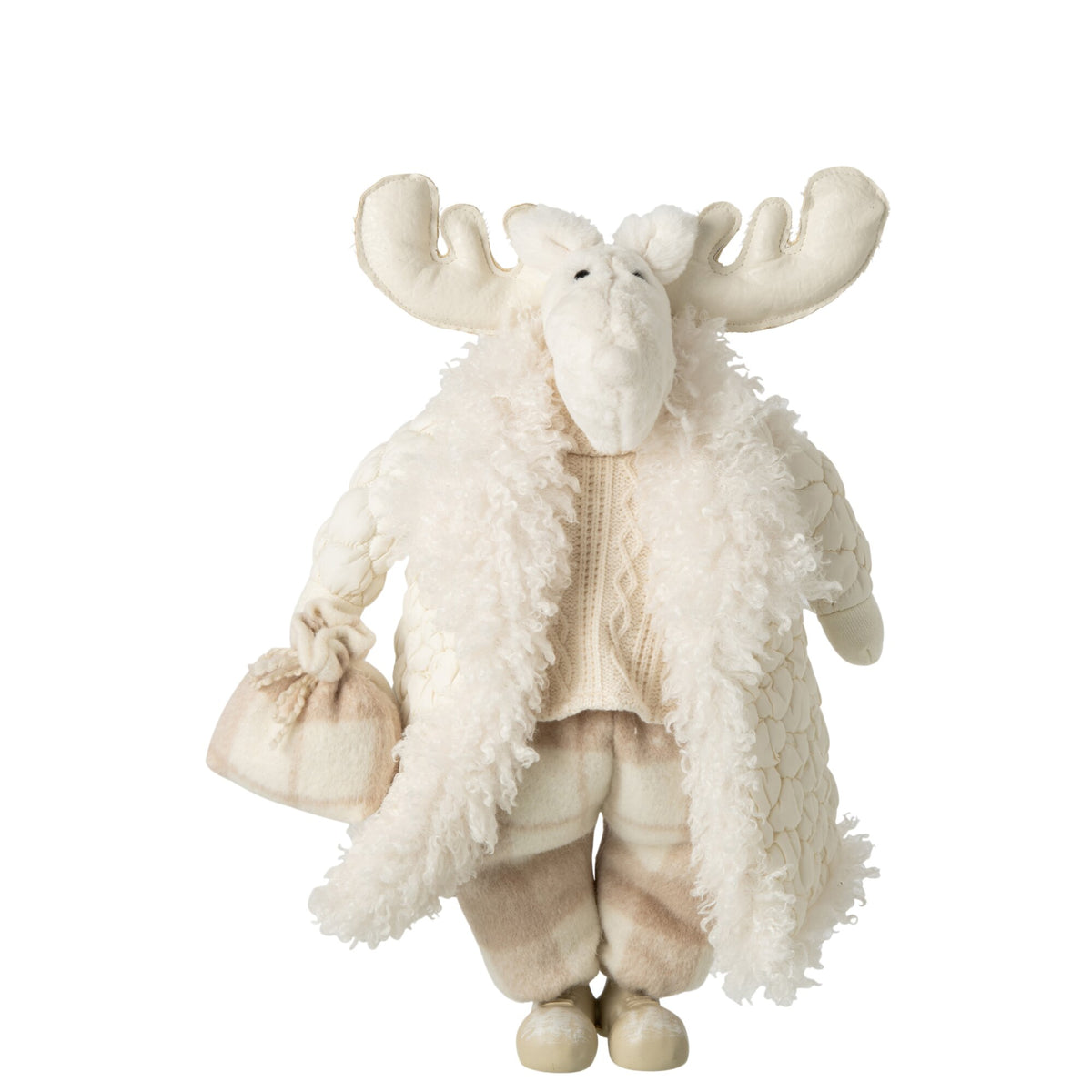 Eland Met Jas van J-Line, staand decoratiebeeld met witte vacht en beige jas, 48cm hoog