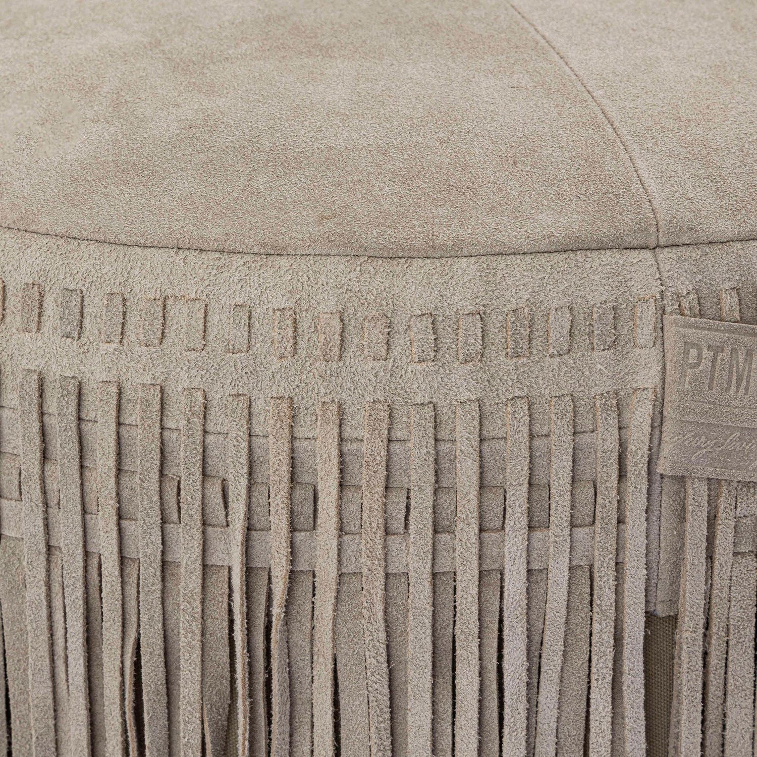 Eleora Taupe Suede Leather Poef Fringes Round PTMD , Poef , PTMD , livinglovely.nl