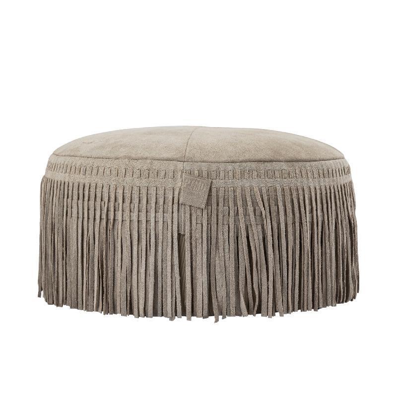 Eleora Taupe Suede Leather Poef Fringes Round PTMD , Poef , PTMD , livinglovely.nl