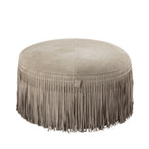 Eleora Taupe Suede Leather Poef Fringes Round PTMD , Poef , PTMD , livinglovely.nl