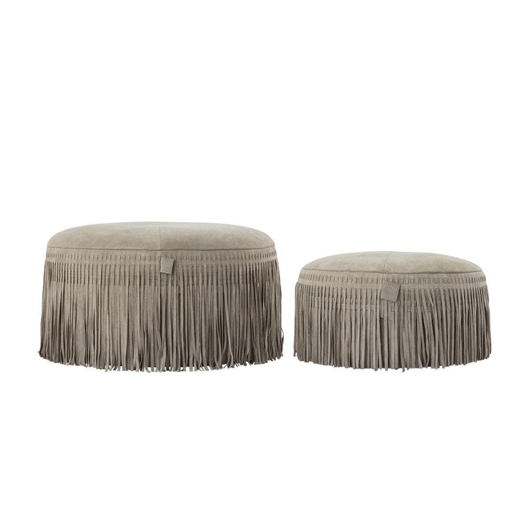 Eleora Taupe Suede Leather Poef Fringes Round PTMD , Poef , PTMD , livinglovely.nl