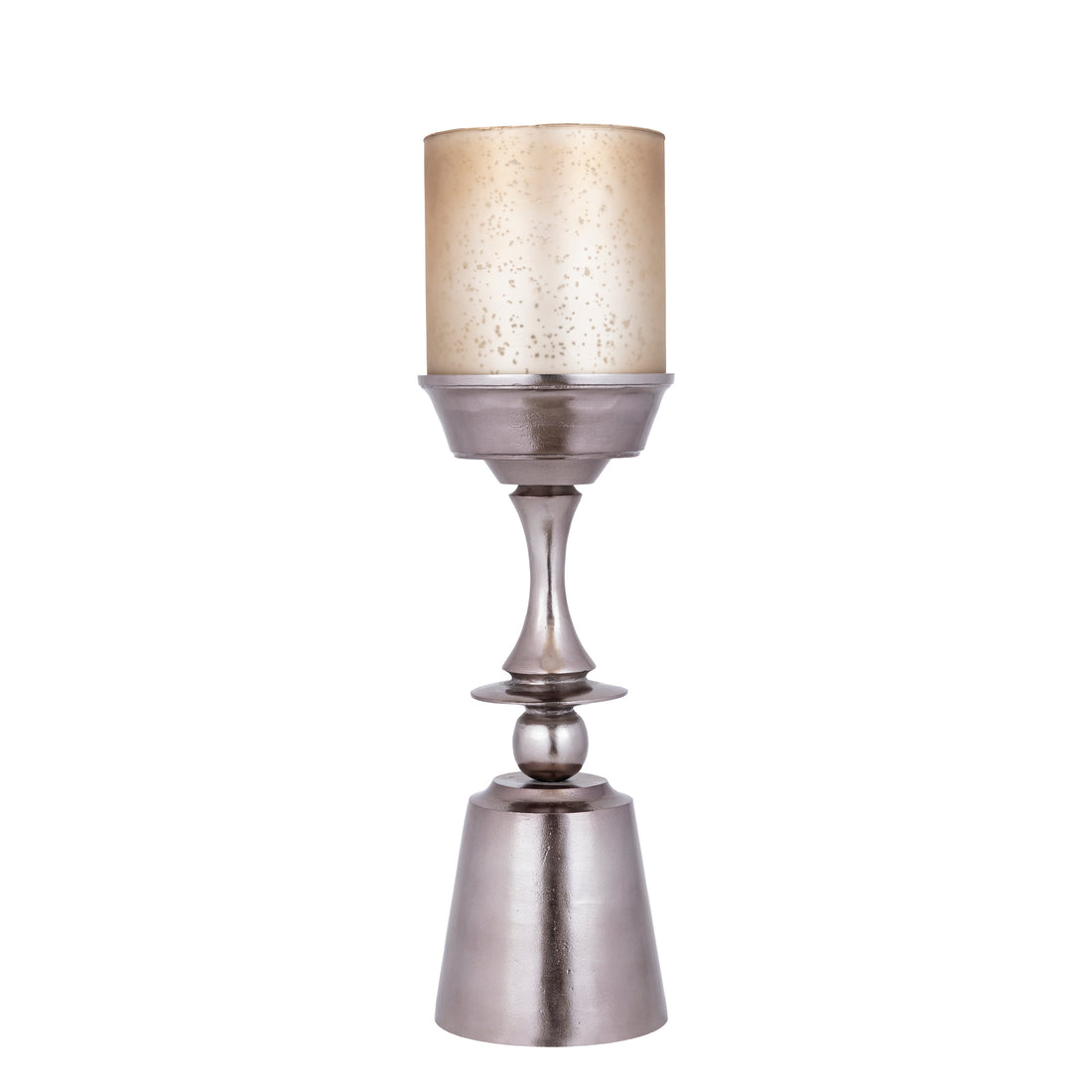 Eliviana Brass Casted Alu Stormlight Beige Glass L van PTMD, messingkleurig windlicht met beige glas op witte achtergrond