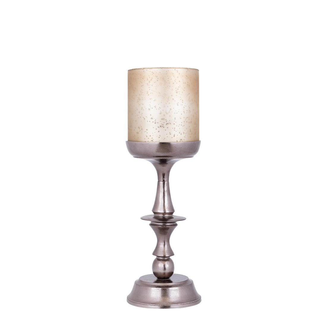 Eliviana Brass Casted Alu Stormlight Beige Glass M van PTMD, messingkleurig windlicht met beige glas op witte achtergrond
