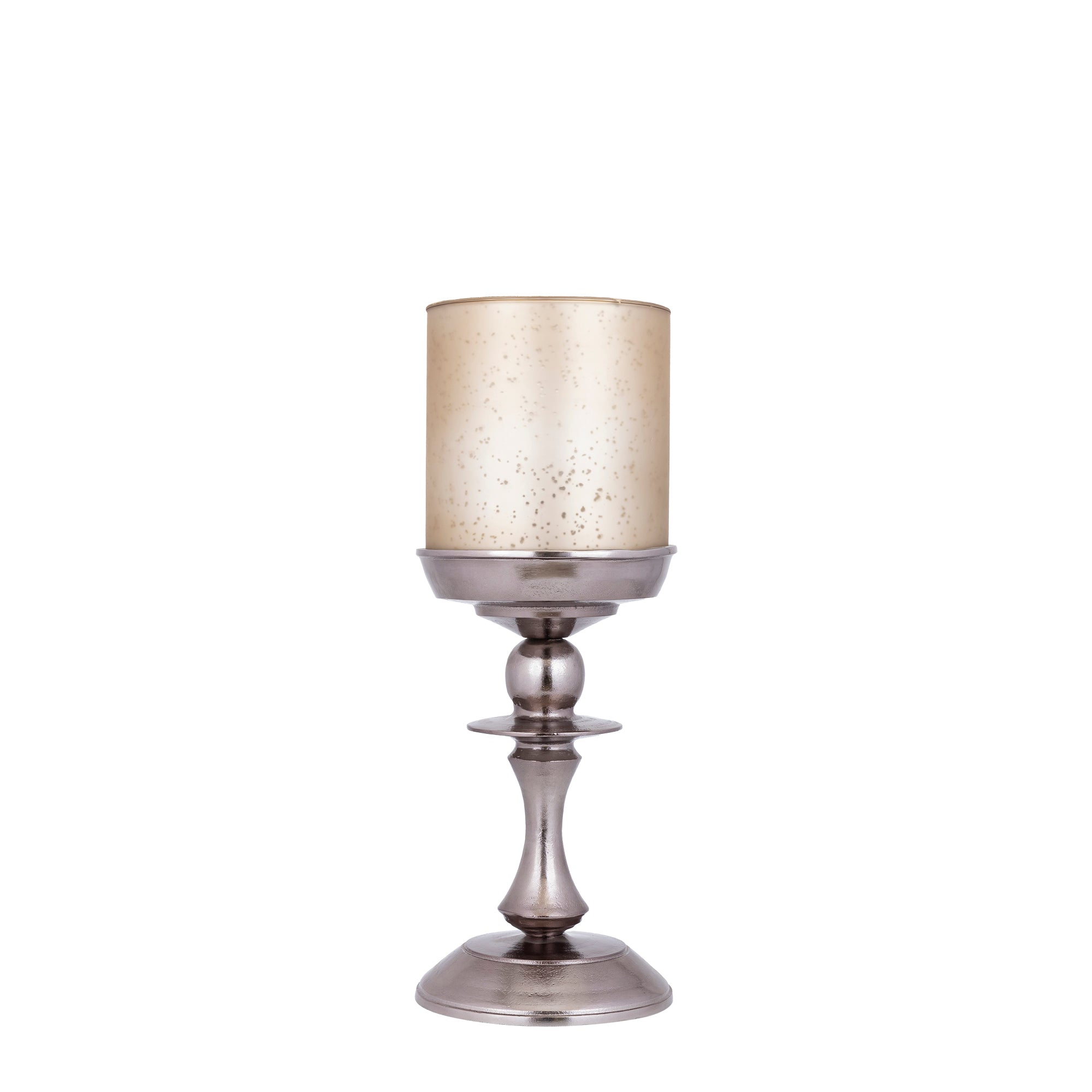 Eliviana Brass Casted Alu Stormlight Beige Glass S van PTMD, messingkleurig windlicht met beige glas op witte achtergrond