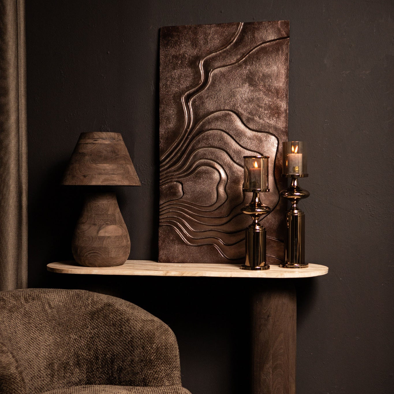Erike Bronze Casted Alu Wall Panel Wave In 2 Parts PTMD - Wandpaneel - PTMD - livinglovely.nl
