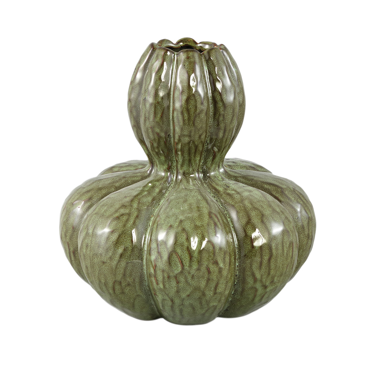 Fardau Green Glazed Ceramic Pumpkin Shaped Vase XL van PTMD, grote groene keramieken pompoenvaas op witte achtergrond