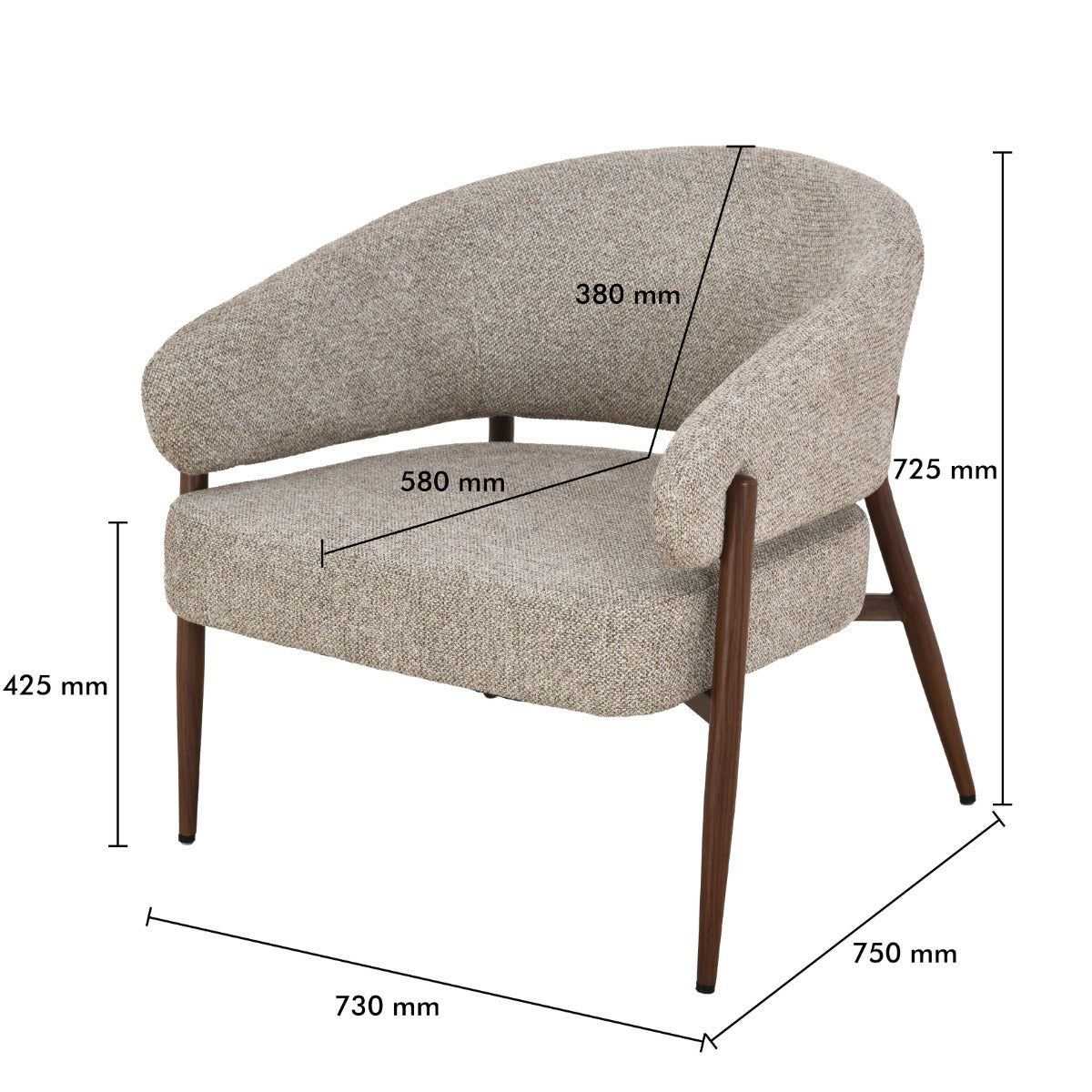 Afmetingen Fauteuil Dilan Hush Walnut: B73cm x D72,5cm x H75cm