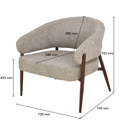 Afmetingen Fauteuil Dilan Hush Walnut: B73cm x D72,5cm x H75cm