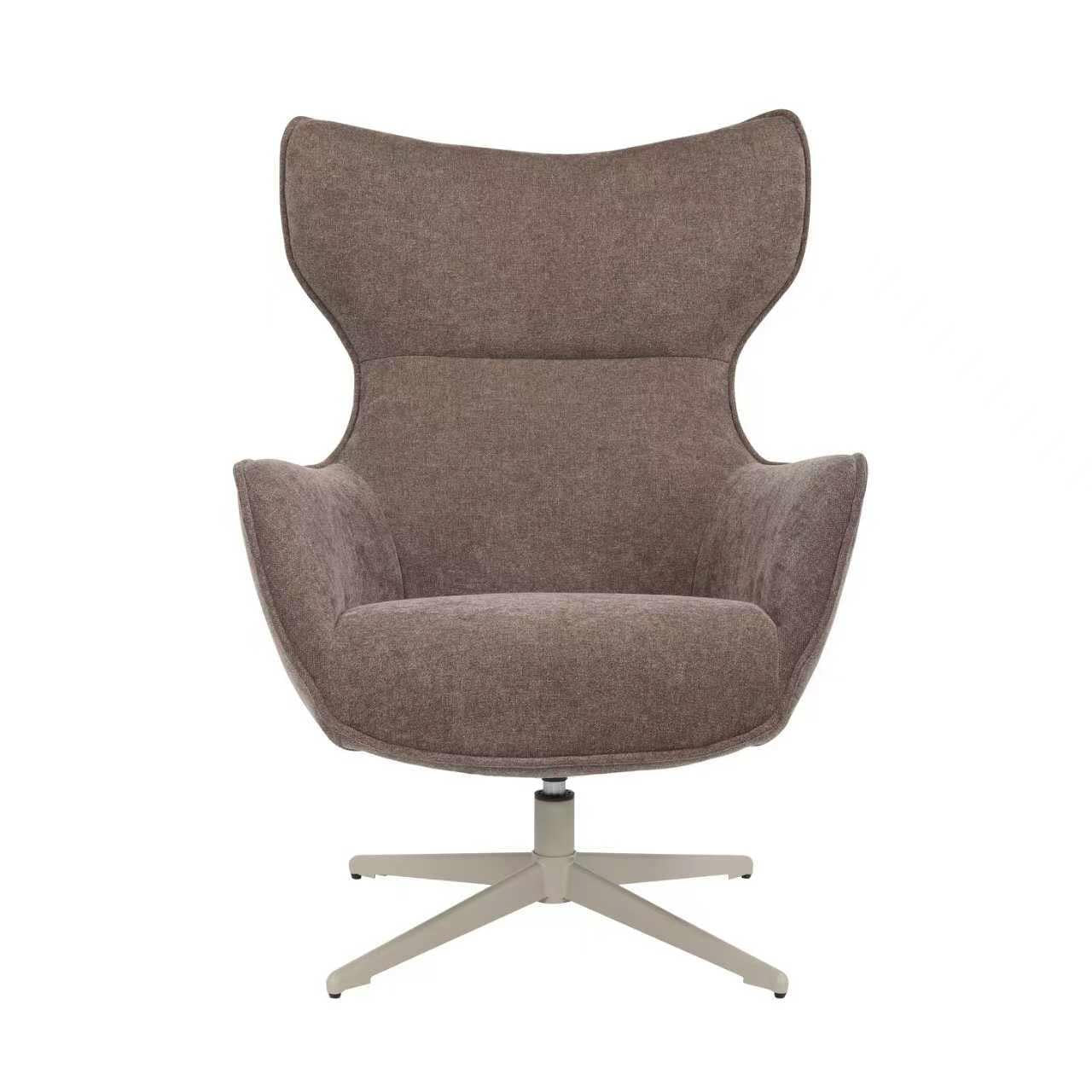 Fauteuil Julia van Starfurn in bruine stof, vooraanzicht met hoge rugleuning en metalen poot