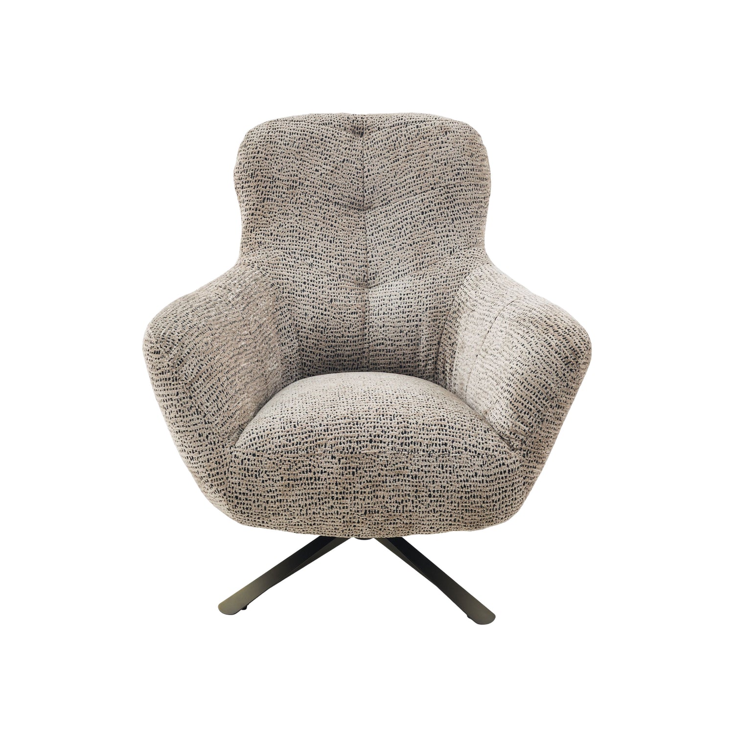 Fauteuil Nena Bruin van Starfurn, afgeronde rugleuning die overloopt in de armleuningen