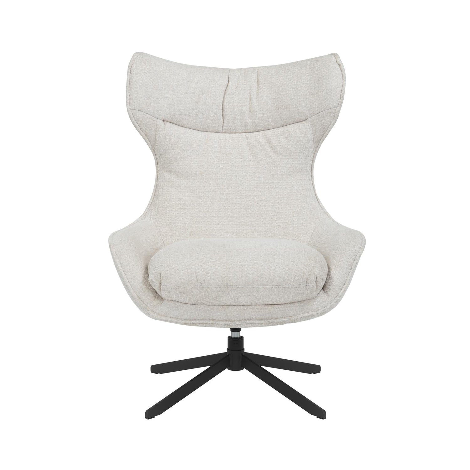 Fauteuil Olivia van Starfurn in off white stof, vooraanzicht met hoge rug en zwarte metalen draaivoet