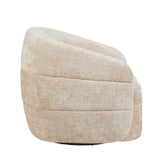 Achterkant van de Fauteuil Yara van Starfurn met de ronde rugleuning in beige meubelstof