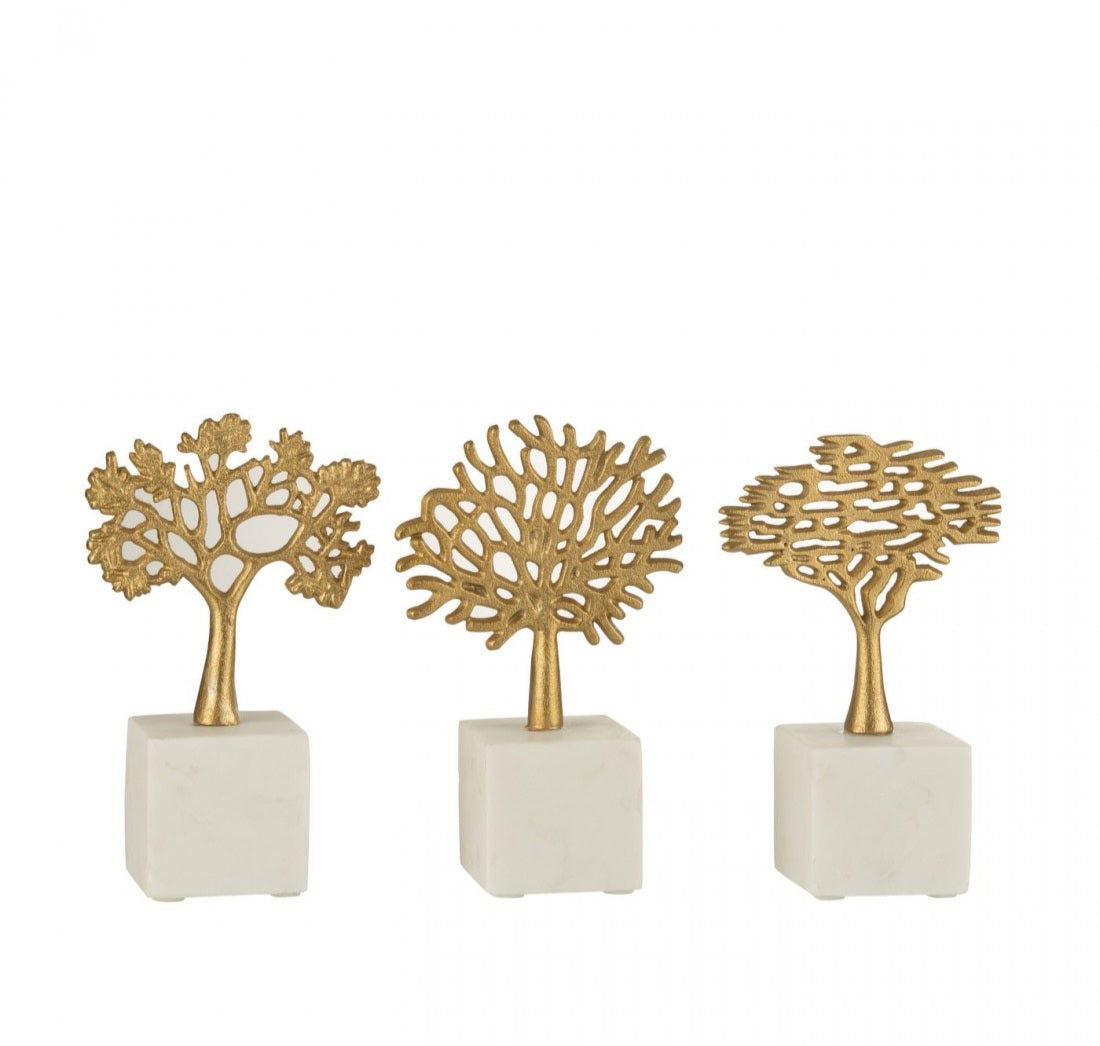 Figuur Boom Op Voet Aluminium/Marmer Goud/Wit Set van 3 - Beeld - J-Line - livinglovely.nl
