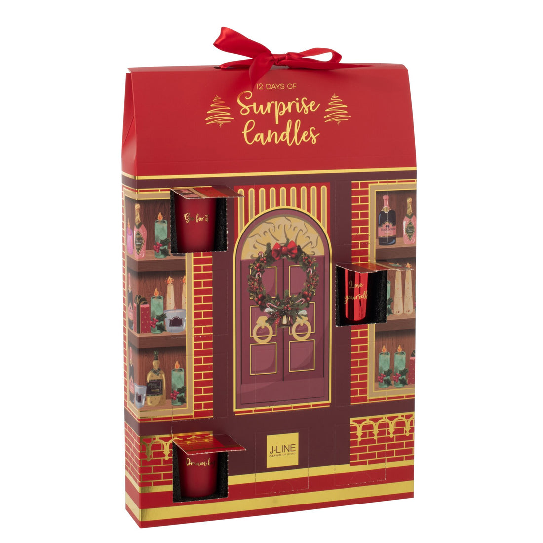 Koraalrode surprise window van J-Line met meerkleurige kaarsen achter het venster
