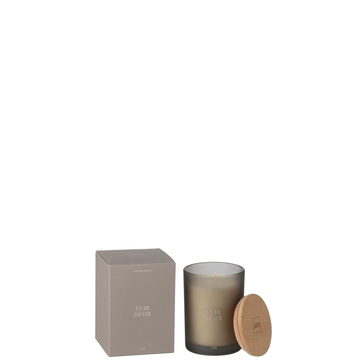Geurkaars Accords Essentiels Cuir Désir 38 Uur van J-Line, bruine glazen pot met houten deksel naast de geschenkdoos