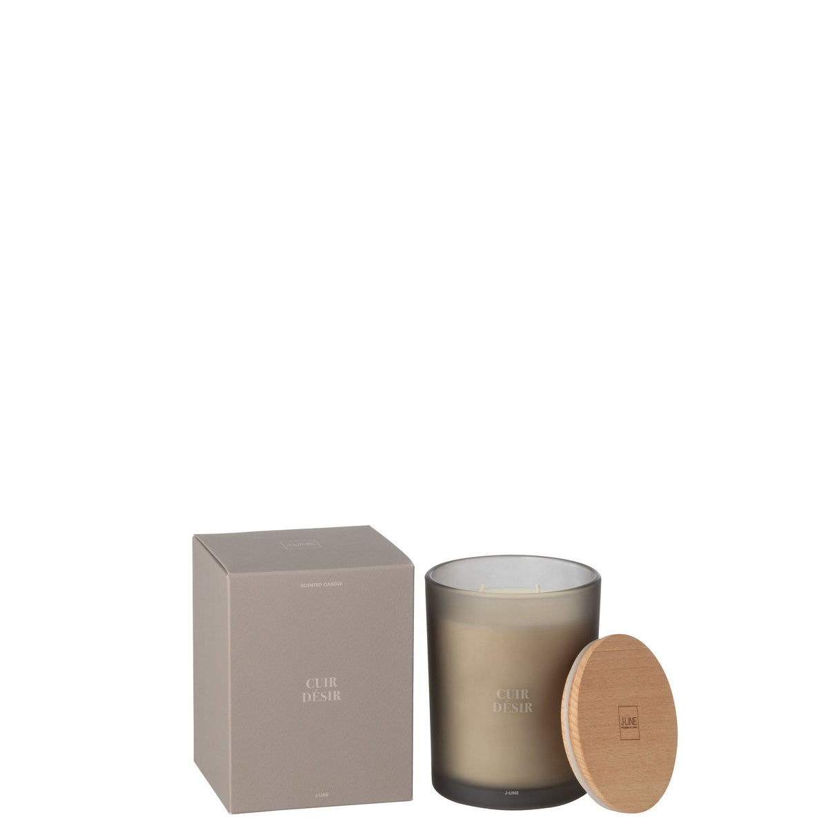 Geurkaars Accords Essentiels Cuir Désir 52 Uur van J-Line, bruine glazen pot met houten deksel naast de geschenkdoos