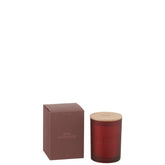 Geurkaars Accords Essentiels Rose Séduisante 38 Uur van J-Line, rode glazen pot met houten deksel naast de geschenkdoos