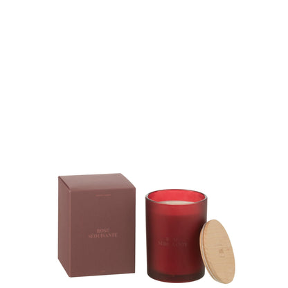 Geurkaars Accords Essentiels Rose Séduisante 52 Uur van J-Line, rode glazen pot met houten deksel naast de geschenkdoos