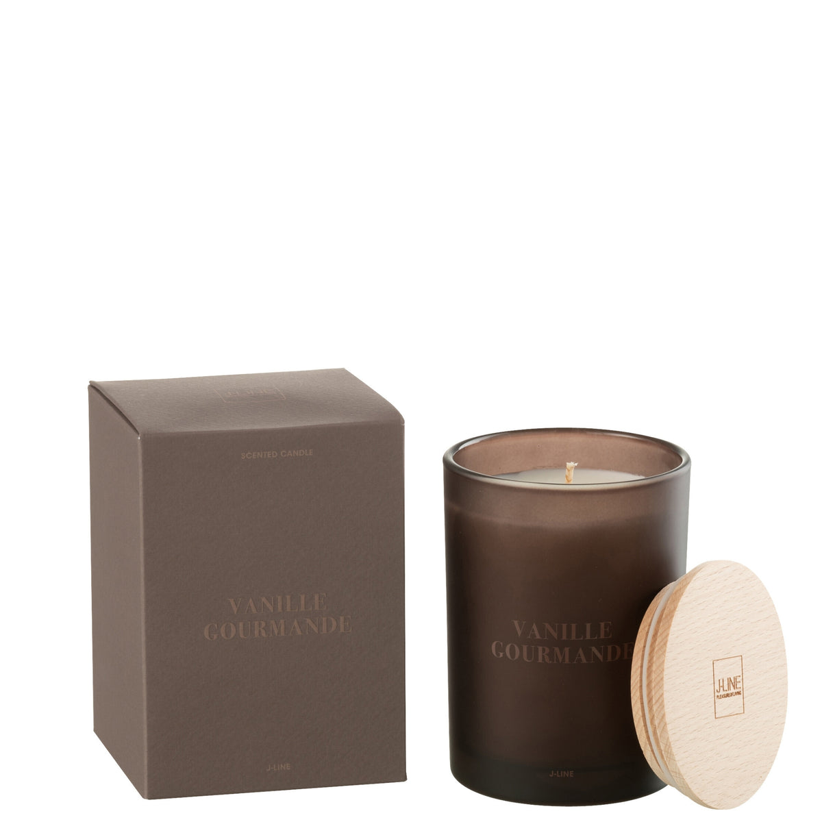 Geurkaars Accords Essentiels Vanille Gourmande 38 Uur van J-Line, bruine glazen pot met houten deksel naast de geschenkdoos