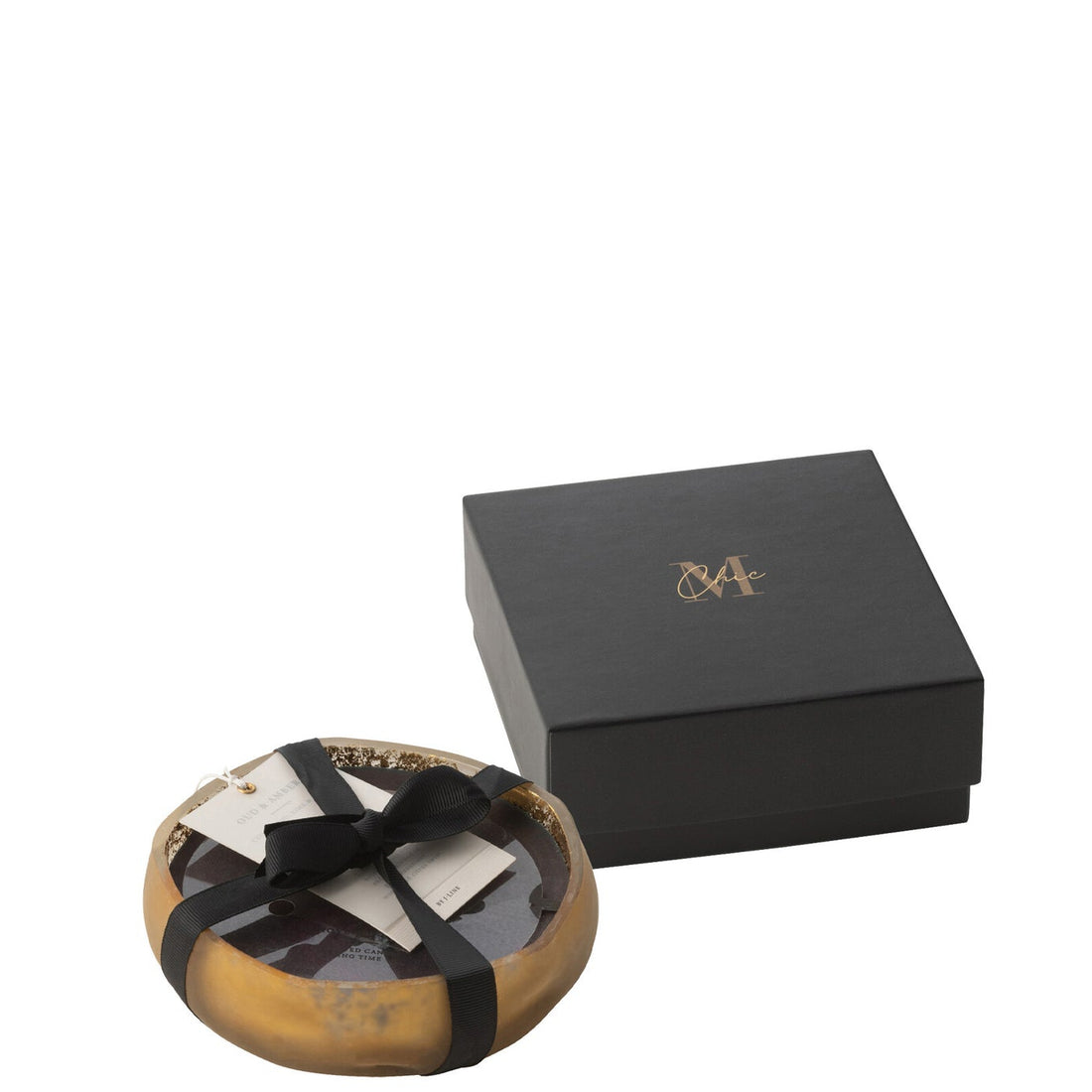 Geurkaars M-Chic Glas Goud/Zwart Small van J-Line, ronde kaars in goudkleurig glas met zwarte was naast zwarte cadeaudoos