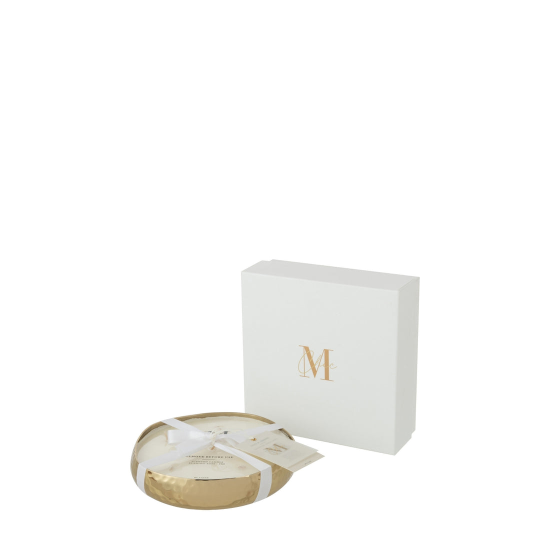 Geurkaars M-Chic Metaal Goud Medium van J-Line, ronde goudkleurige metalen houder met witte was naast witte cadeaudoos