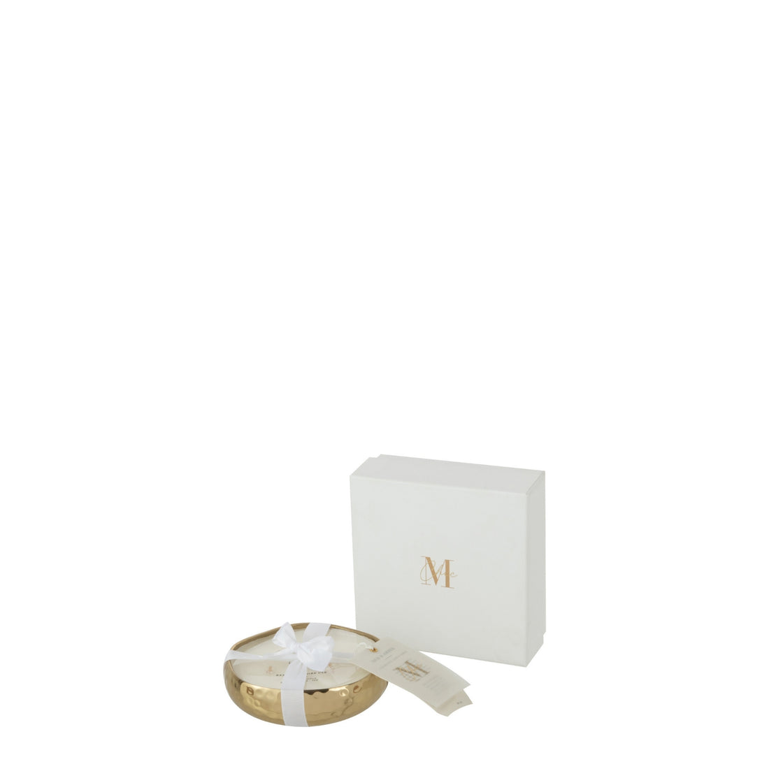 Geurkaars M-Chic Metaal Goud Small van J-Line, ronde goudkleurige metalen houder met witte was naast witte cadeaudoos