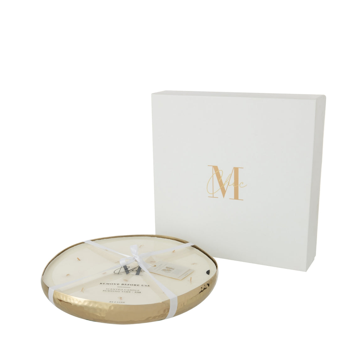 Geurkaars M-Chic Metaal Goud XL van J-Line, ronde goudkleurige metalen houder met witte was naast witte cadeaudoos