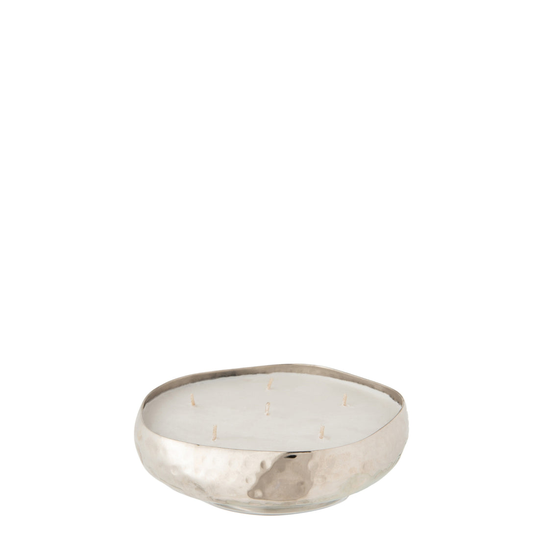 Close-up geurkaars M-Chic Zilver Medium van J-Line, gehamerd zilver metaal met witte was, geur sugar citrus