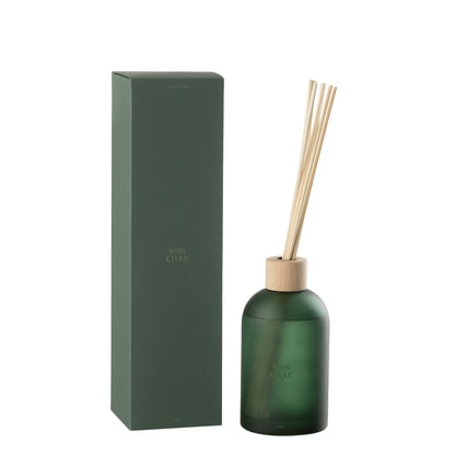 Geurstokjes Accords Essentiels Bois Givré 550ml van J-Line, groene glazen fles met geurstokjes naast de geschenkdoos