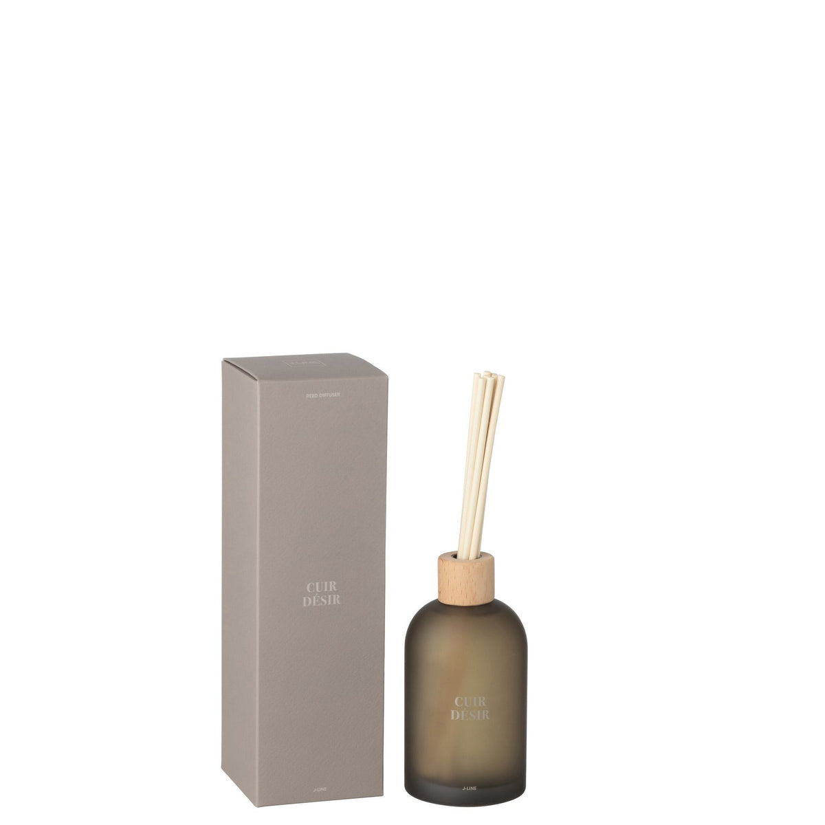 Geurstokjes Accords Essentiels Cuir Désir 250ml van J-Line, bruine glazen fles met geurstokjes naast de geschenkdoos