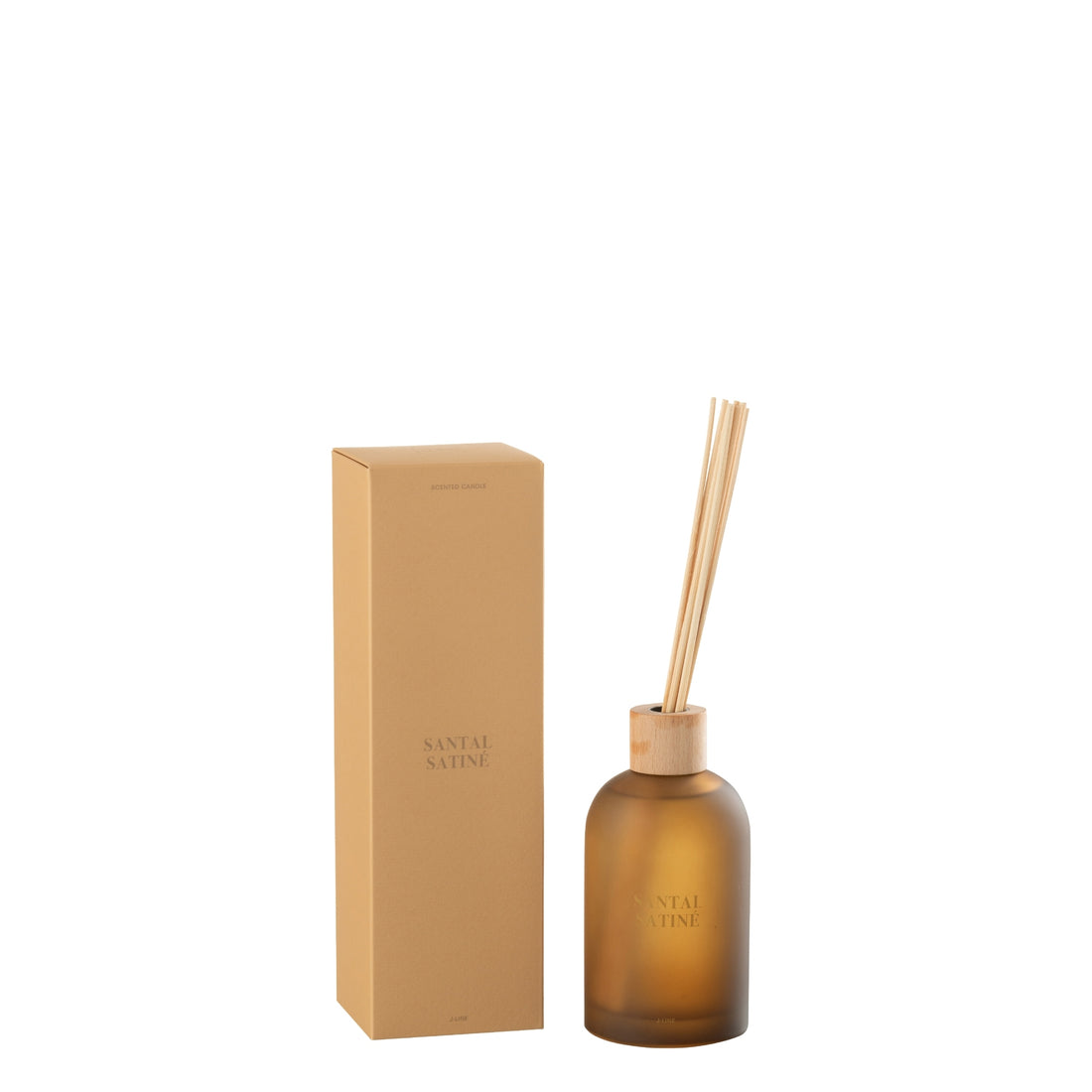 Geurstokjes Accords Essentiels Santal Satiné 250ml van J-Line, gele glazen fles met geurstokjes naast de geschenkdoos
