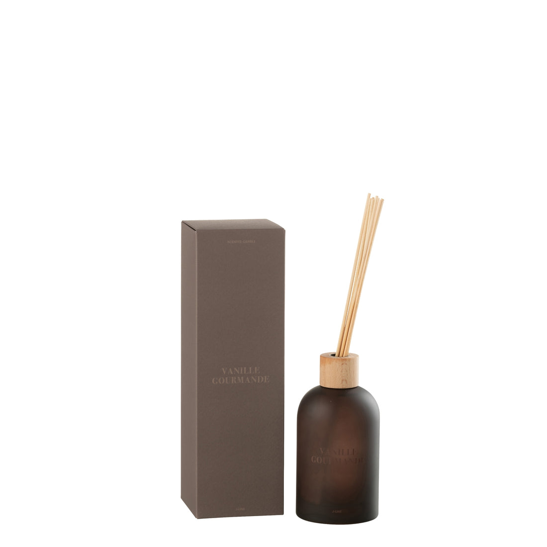 Geurstokjes Accords Essentiels Vanille Gourmande 250ml van J-Line, bruine glazen fles met geurstokjes naast de geschenkdoos