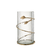 Glazen Windlicht met Gouden Bladeren van J-Line, 34 cm hoog met een gouden bladerband om het glas