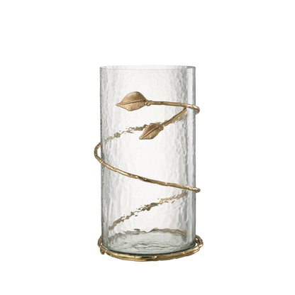 Glazen Windlicht met Gouden Bladeren van J-Line, 34 cm hoog met een gouden bladerband om het glas