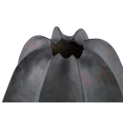 Grayson Black Ceramic Round Ribbed Vase Wide Dia34cmxH34cm PTMD - Vaas - PTMD - livinglovely.nl